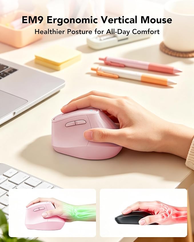 KYSONA Ergonomic Mouse Wireless, Bluetooth Vertical Mouse, 5-Level Adjustable DPI, 2.4G Silent Switch Mice for Windows, MacOS, IPadOS, Laptop, PC, Pink