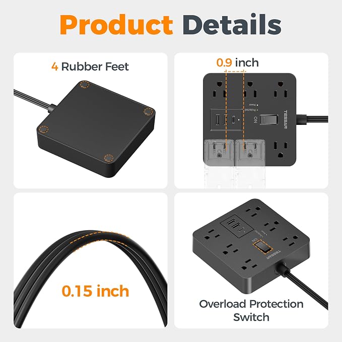 TESSAN 15Ft Black Extension Cord with Multiple Outlets, Surge Protector Power Strip with 6 Outlets and 3 USB Ports (1 USB C), 1700 Joules Protection, Flat Plug, Outlet Extender for Home, Office, Dorm
