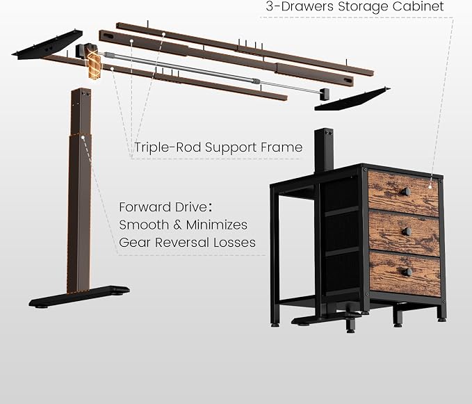 REAHOME 47 Inch Rustic Brown Height Adjustable Standing Desk with Drawers | Dual Motor Sit-Stand Frame With 3 Memory Presets, Printer Cabinet, Hooks & Cable Management For Home Office Gaming Desk