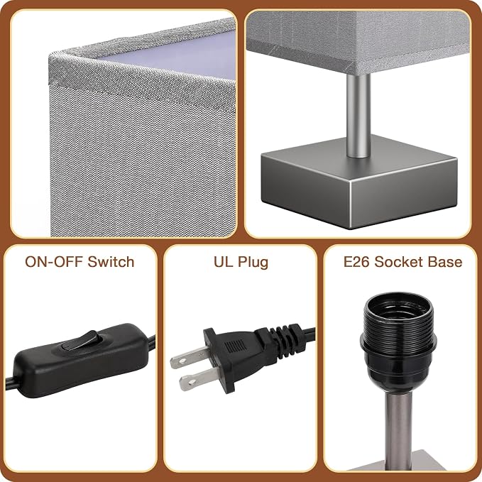 aooshine Grey Table Lamp - Bedside Lamp for Bedroom, Minimalist Nightstand Lamp with Square Fabric Shade, Desk Lamp for Kids Room Dorm
