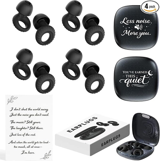 Noise Cancelling Ear Plugs for Personal Use, Sleeping, Concerts & Travel – Reusable Silicone Earplugs for Noise Reduction & Hearing Protection – 4 Pairs, Black + Black