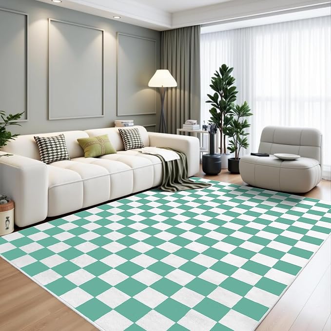 Terrug Green and White Checkered Rug for Living Room,5x7 Area Rugs Washable with Non Slip for Bedroom,Soft Low Pile Stain Resistance Retro Carpet for Dorm Kids Room