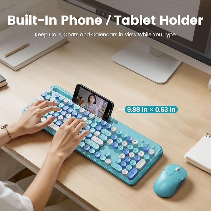 Wireless Keyboard and Mouse Combo, Retro Round Keycaps, Full-Size Stylish Typewriter Keyboard with Phone/Tablet Holder, Ergonomic Mouse with 3-Level DPI, 2.4GHz Connection for Windows/PC (Ice Blue)