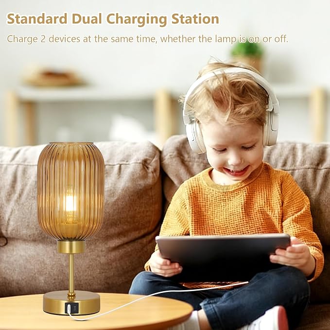LAMSU Vintage Gold Touch Table Lamp, Small Desk Lamp with Amber Glass Shade, Bulb, Charging Port, Mid Century Modern Bedside Lamp, 3 Way Dimmable Nightstand Lamp for Bedroom Living Room Home Office