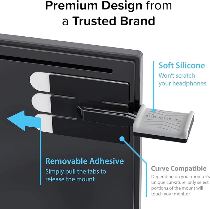TotalMount Hidden Monitor Stand for Headphones – Does Not Block Monitor | Designed in USA: Premium-Grade Holder Saves Desk Space While Protecting Headphones and Headsets – Removable Adhesive Strips