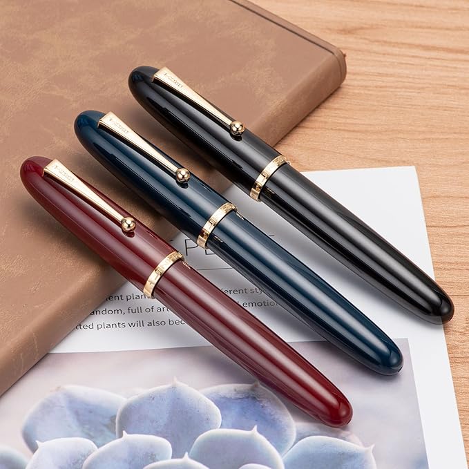 Jinhao 9019 DaDao Series Fountain Pen, Size 8 Medium Nib with Large Ink Converter, Wine Red Acrylic Design Smooth Writing Pen (Gold Trim)