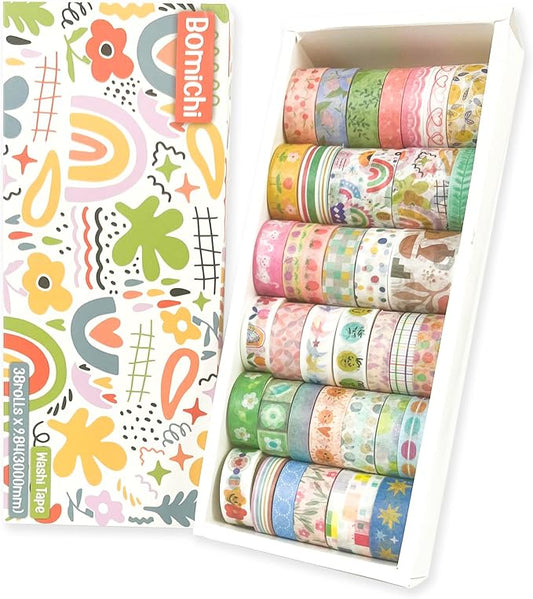 Bomichi 38 Rolls Washi Tape, Aesthetic Colored Decorative Cute Scrapbook Tape for Scrapbooking Supplies Journaling Craft Junk Journal