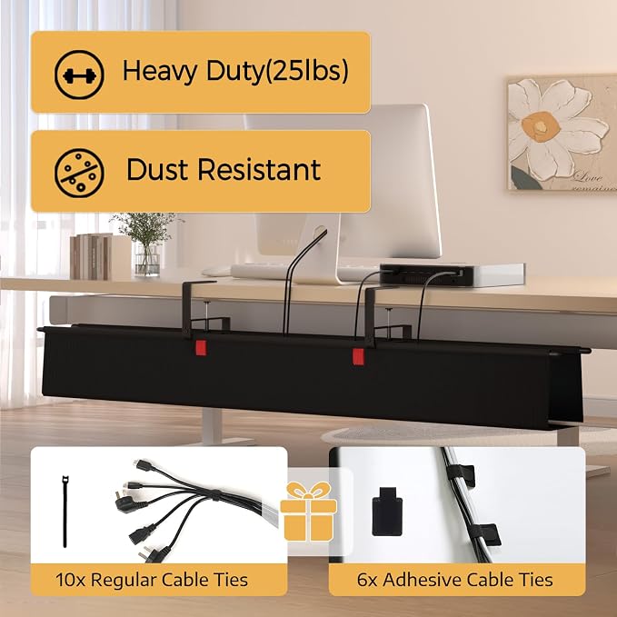 Under Desk Cable Management Tray, 48" Fabric Wire Cord Organizer, Black | No Drill Under Table Wire Organizer with 16X Cable Ties for Office/Home, Cord Hider Fit Adapters & Sockets, Clamp/Screw Mount