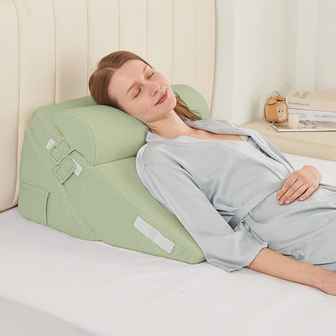 Sasttie Adjustable Wedge Pillow Set for After Surgery, Sage | Bed Wedge Pillow Headboard with Memory Foam Neck Cushion, for Acid Reflux, Sleeping, Neck & Back Support
