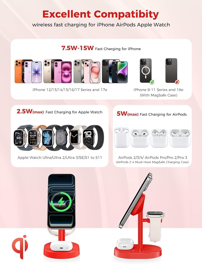 Hevanto 2026 3 in 1 Wireless Charging Station for Apple MagSafe Charger, 15W Fast Magnetic Mag-Safe Charger Stand for iPhone 17 16 15 14 13 12 Apple Watch AirPods Compatible with MagSafe, DeepRed