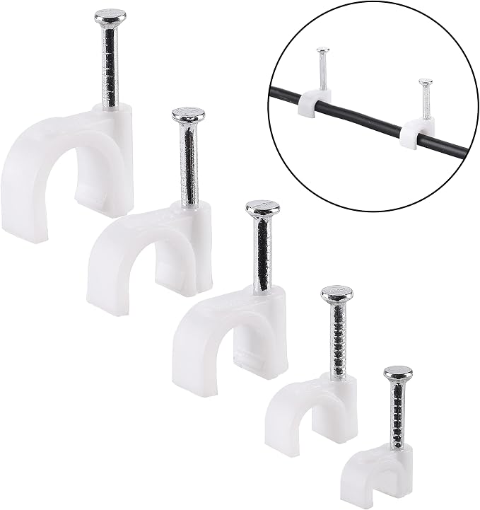 Bates Cable Clips with Steel Nails - White, 360 pcs, 4mm-10mm, Universal Cable Clips