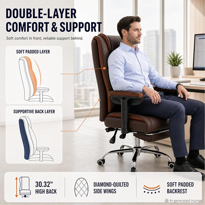 Big and Tall Office Chair，Heavy Duty Wide Executive Office Chair (Brown) | Breathable Leather，Double-layered Backrest，Seat Cushion Designed of Deluxe Embroidery Leather，Foot Rest, Adjustable Armrests