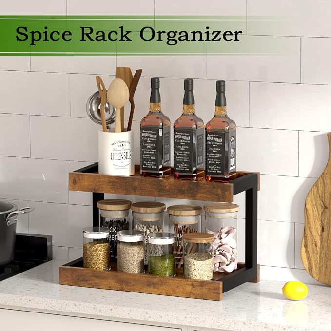 MARTY Counter Shelf Organizer, 2 Tier Spice Rack for Countertop, Brown | Coffee Bar/Station/Syrup Organizer for Countertop, 15.75''Lx8.9"W Large Desk Shelf Riser, for Kitchen Bathroom Bedroom Office