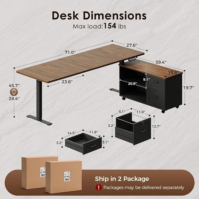 OffiGo 71" L Shaped Electric Standing Desk with File Cabinet, Walnut/Black | Mobile Drawers & File Cabinet for Flexible Layout, Height Adjustable Executive Stand Up Desk for Home Office Workstation