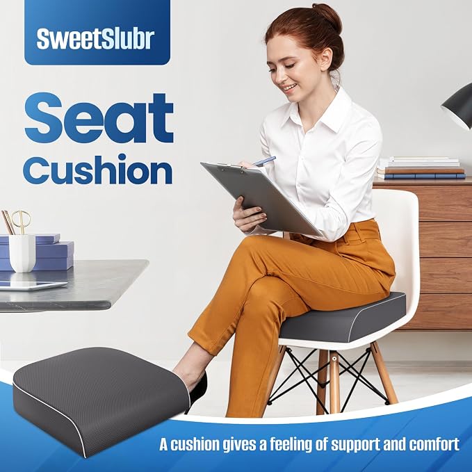 SweetSlubr Seat Cushion for Tailbone Pain Relief, Office Chair Cushion, Memory Foam Large Chair Cushion with Non-Slip Cover for Soft Support at Office Chair, Car Seat, Airplane Grey/XLarge