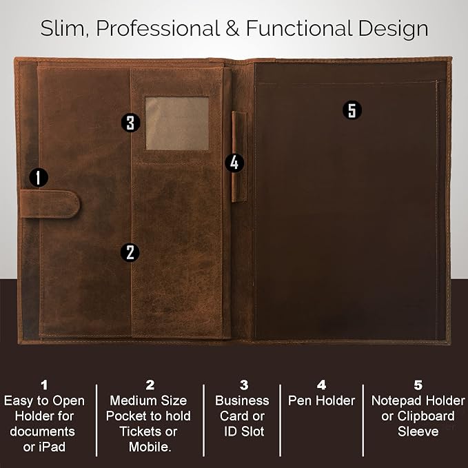 Leather A4 Conference Folder | Professional Organizer for Men and Women | Handmade Durable Leather Portfolio with Sleeves for Documents and Notepad by Rustic Town (Brown)