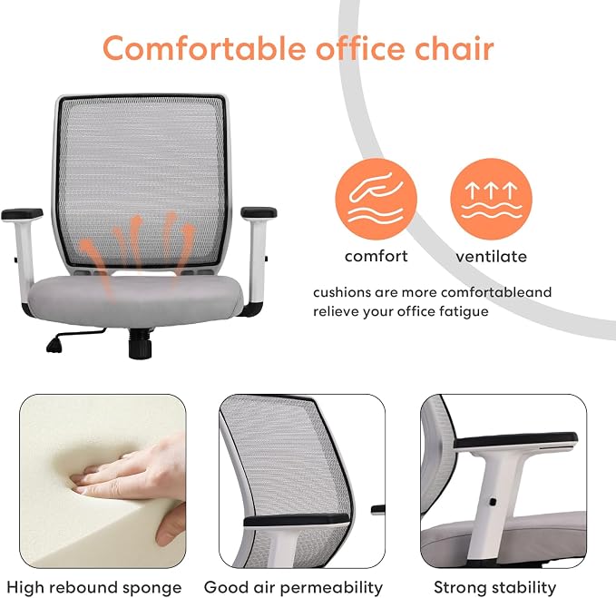 Ergonomic Office Chair Home Mesh Desk Chair with Adjustable Arms - Mid Back Computer Chairs for Adults - Swivel Task Chair Comfortable for Home Office (White &Grey)