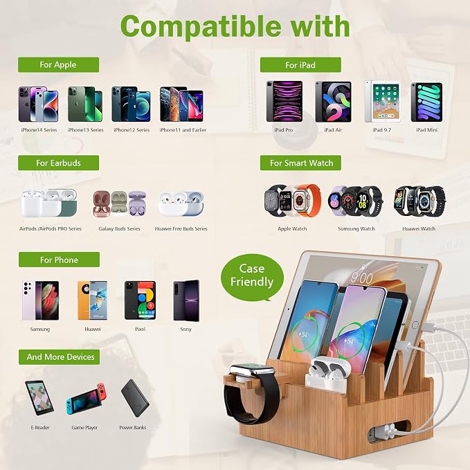 Pezin & Hulin Bamboo Charging Stand, Dock Organizer for Multi Devices, Cell Phone, Tablets, Smart Watch, with Pack 5 Cables, No Power Charger Block | Dock Organizer for Multi Devices, Cell Phone, Tablets, Smart Watch, No Power Charger Block