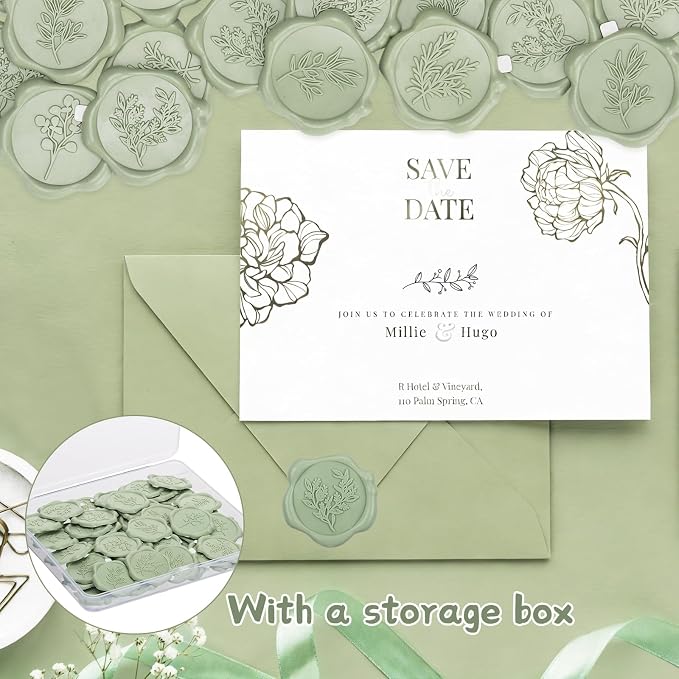 60Pcs Wax Seal Stickers, Wedding Invitation Envelope Seal Stickers Adhesive Backed Sage Green for Wedding, Party,Baby Shower, Gift Wrapping (4 Leaf Styles)