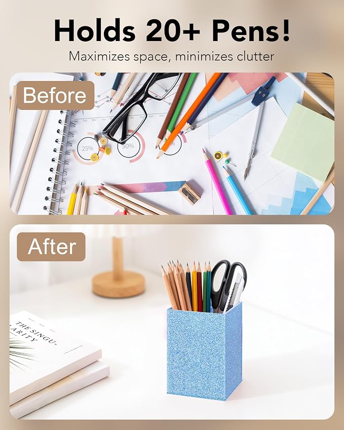 Acrylic Pen Holder Desk Organizer for Office, Blue Glitter | Sparkling glitter acrylic makeup brush and pencil holder for desk, Modern desktop organizer for home, school and office