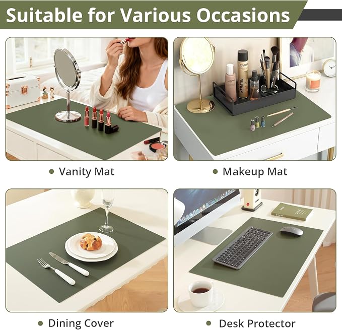 LovePads Makeup Mat for Vanity, 16 x 32 Dual-Sided Desk Pad & Vanity Cover Top, Waterproof PVC Protector Mat for Dresser, Nail Art, Craft Table (Green+Grey)