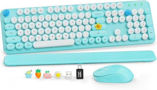Wireless Keyboard and Mouse Combo, Full-Size Retro Typewriter Keyboard with Detachable Wrist Rest, Round Keycaps, Sleep Mode & Tilt Legs, 2.4GHz Cordless Connection for Windows/PC (Robin Egg Blue)