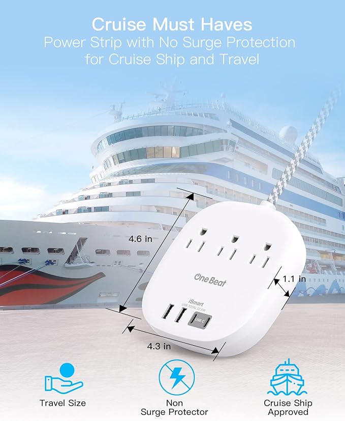 Flat Plug Power Strip, Short Extension Cord 1 Ft - 3 Outlets 4 USB Ports (2 USB C) 22.5W/4.5A Desktop Charging Station, Power Strip No Surge Protection for Cruise Ship, Dorm Room Travel Essentials