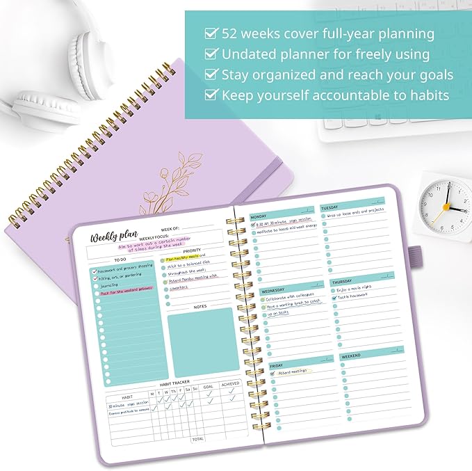 Taja Undated Weekly Planner, Weekly To Do List Notebook with Goal & Habit Tracker Organizer, A5 Weekly Planner Notebook with Spiral Binding, 6.1" x 8.2" - Purple