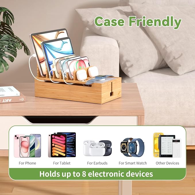 Pezin & Hulin Cell Phone Charging Station for Multi Devices-Natural Bamboo | All in One Desktop Charger Organizer, with Power USB Charge Adapter and 6 Cables, Use As Power Strip Hidden Box