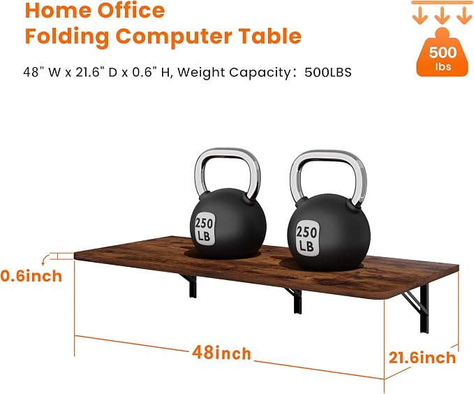 IAE Wall Mounted Floating Foldable Desk, 48" x 22" Folding Computer Workstation Table with Engineered Wood and Metal Shelf Brackets,Fold&Floating Design for Home Office, Apartment,Laundry Room,Rustic