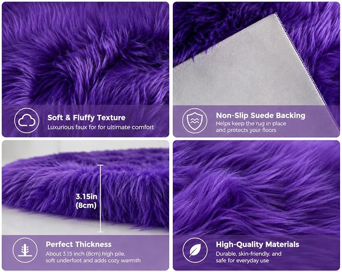 EasyJoy Faux Sheepskin Rug, Fluffy Faux Fur Rug, Ultra Soft Shag Area Rug with Non-Slip Backing for Bedroom, Living Room, Nursery, Kids Room(2 x 4 ft Rectangle, Dark Purple)