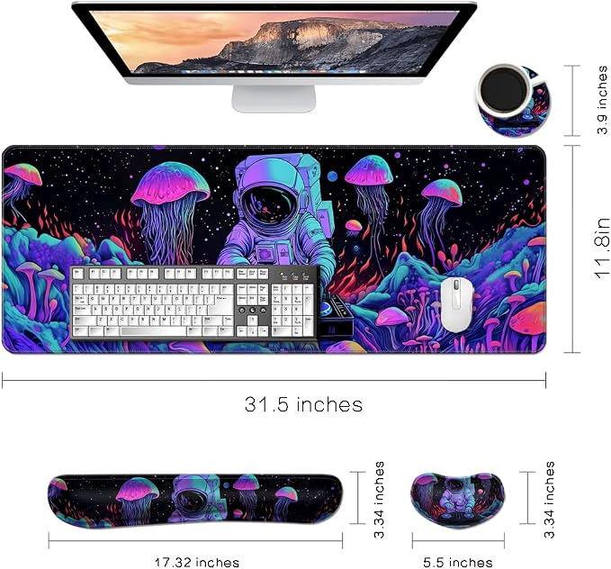 Desk Mat, Large Gaming Mouse Pad with Wrist Rest, 4 in1 XXL Mouse pad+Keyboard Wrist Rest+Mouse Pad Wrist Support+Cup Coaster Set, Ergonomic Desk Pad for Home Office,Spaceman