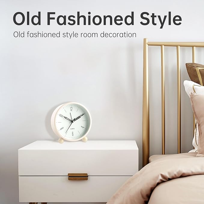 JALL Analog Alarm Clock, 4 inch Super Silent Non Ticking Small Clock with Night Light, Battery Operated, Simple Design, Old Fashioned Style Cream Decor, for Bedroom, Bedside, Desk, Adult, Gift, White
