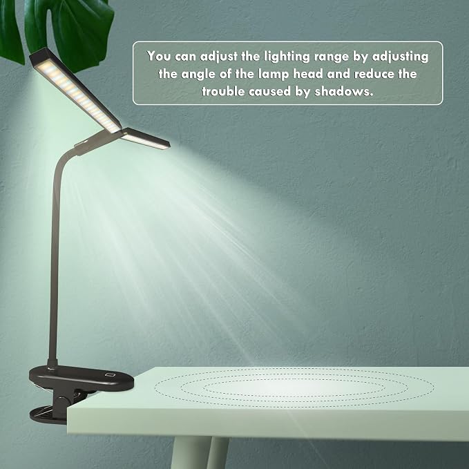 LED Reading Light with Clip, Desk Lamp 48 LEDs 2600mAh Battery USB Rechargeable Book Lights Stepless Adjustable Brightness Eye Protection Table Lamps for Bed Headboard, Home, Office - Black