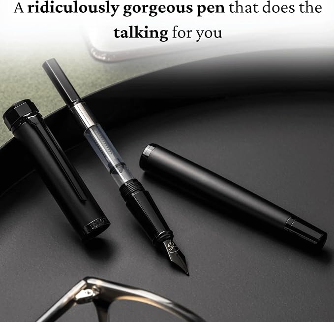 Ellington Pens Luxury Fountain Pen Set - Extra Fine Nib - Includes 3 Ink Cartridges, Refillable Ink Converter, Gift Box - Fountain Pens For Writing, Calligraphy, Journaling, Sketching (The Stealth)