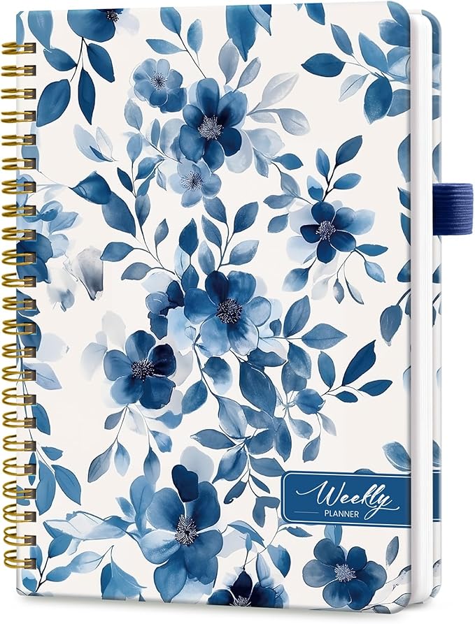 Taja Undated Weekly Planner, Weekly To Do List Notebook with Goal & Habit Tracker Organizer, A5 Weekly Planner Notebook with Spiral Binding, 6.1" x 8.2" - Blue Blossom