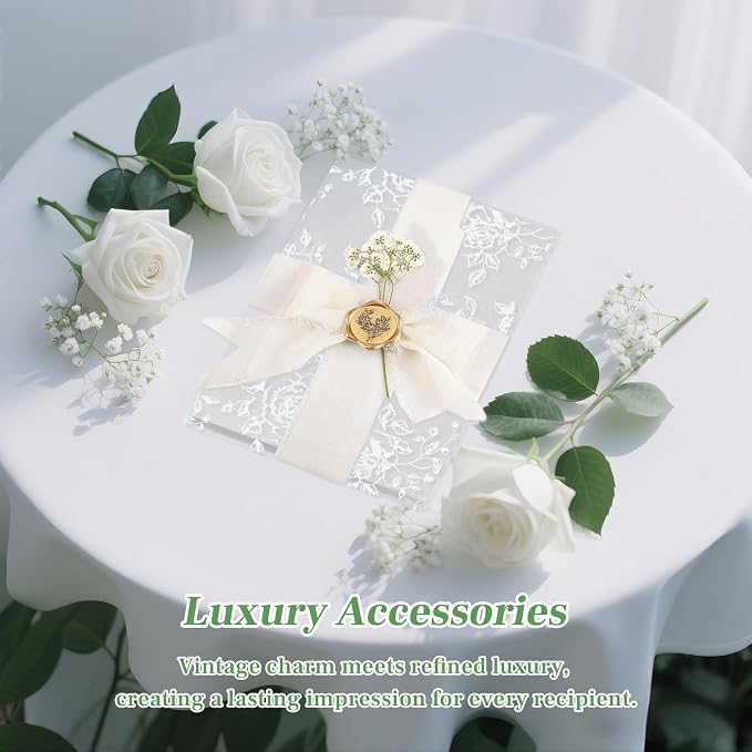Wedding Invitation Accessories Kit, Pre-Folded Vellum Jackets for 5×7 Invitations with Wax Seal Stickers, Ribbon & Dried Flowers, Elegant Wedding Invitation Accessories for DIY Bridal Invites (White-Rose, 50)