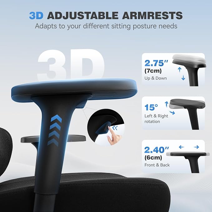 Ergonomic Desk Chair, Breathable Mesh Office Chair for Long Hours, 8 Pack | Adjustable Lumbar Support for Back Pain Relief, 4.33'' Thick Foam Cushion, 3D Headrest, Computer Chair for Home Office, Black