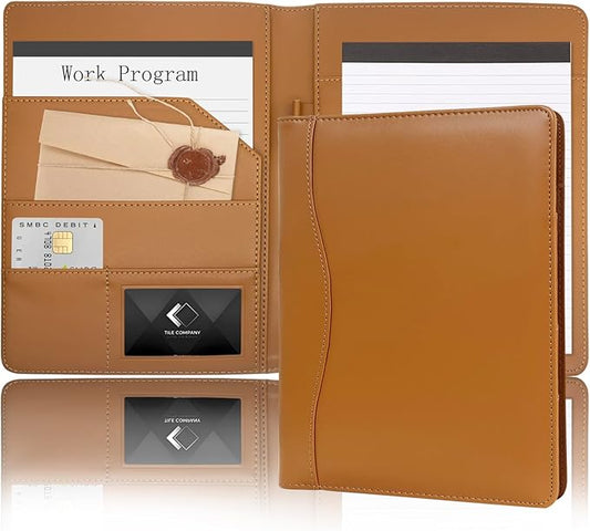 Leather Portfolio Binder 5 x 8, Mini Soft Leather Padfolio A5 Business Binder Legal Writing Pad Junior Size Document Organizer for Present Gift Kid Men Women Brown