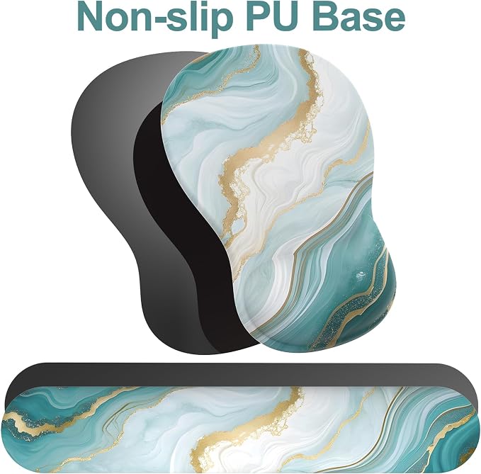 Ergonomic Mouse Pad with Wrist Rest and Keyboard Wrist Rest, Gel Mousepad and Wrist Rest for Computer Keyboard, Pain Relief, Non-Slip PU Base, Mouse Pad Wrist Support for Gaming, Blue Green Marble