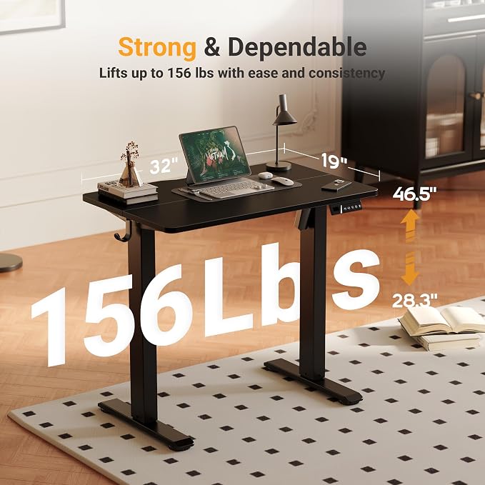 YDN Electric Standing Desk, 32x19 Inch, Black | 3 Memory Presets, Cable Management, Adjustable Height, Sit Stand, Space-Saving, Computer Workstation, Home Office
