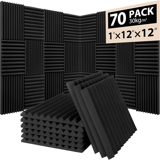 70 Pack Acoustic Foam Panels, 1" x 12"x 12" Sound Proof Foam Panels For Wall Fire Resistant, Noise Cancelling Dampening Sound Absorbing Black Wedge Panels For Studio Recording & Office & Home