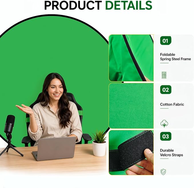 57in Portable Green Screen Chair Backdrop: Double-Sided Foldable Greenscreen Chroma Key Background for Streaming, Video Calls, Photography & Gaming