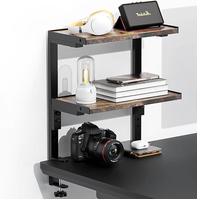 Spacrea clamp on Desk Shelf, 2 Tier Office Desk Shelves Organizer, Wood Desktop Supplies Storage Rack, Desk Organizers and Accessories (Wood)