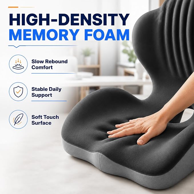 Ergonomic Memory Foam Seat Cushion with Back Support, Office Chair Cushion | L-Shaped Integrated Design with Lumbar Support and Tailbone Cutout for Office, Car, Home Chairs (Large Comfort - Black &Gray)