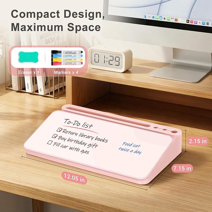 WALGLASS Small Desktop Whiteboard with Storage, Glass Desk Dry Erase White Board Computer Keyboard Stand with Drawer, Desk Organizers with Accessories for Office, Home, School Supplies Pink