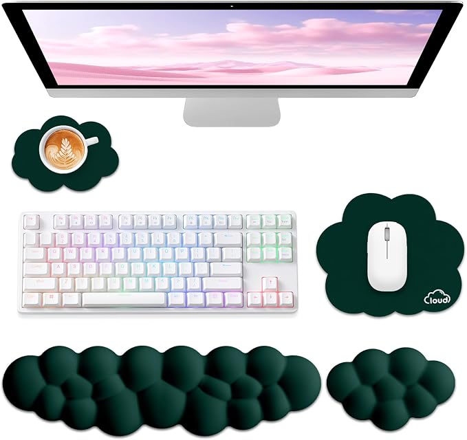 Sushret Cloud Wrist Rest for Computer Keyboard, 4-in-1 Memory Foam Leather Cloud Keyboard Wrist Rest and Mouse Pad Set with Ergonomic Support for Arm and Palm Cushion, Gaming/Work Setup, Dark Green