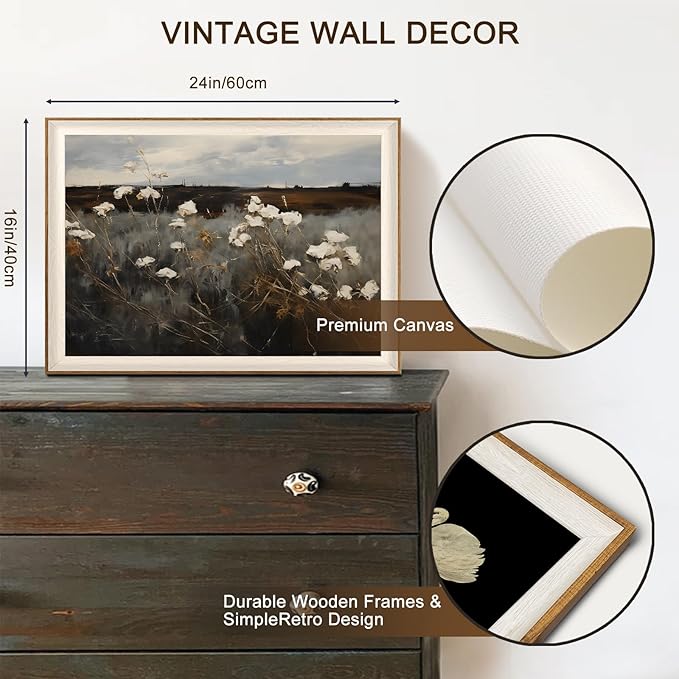 Framed Wall Art for Bedroom Decor, Vintage Wildflower Painting Canvas Art Prints, Moody Dark Autumn Flower Wall Aesthetic, Farmhouse Decor Wall Art Floral Pictures for Bathroom Decoration - 16x24Inch