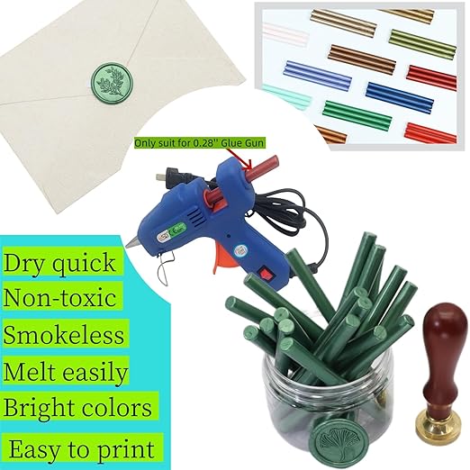 Wax Seal Kit, Atopbb 40Pcs Pine Green Sealing Wax Sticks with Glue Gun Great for Wax Seal Stamp, Wax Seal Sticks Used for Wedding, Invitations and Gift Wrapping (40, Pine Green)
