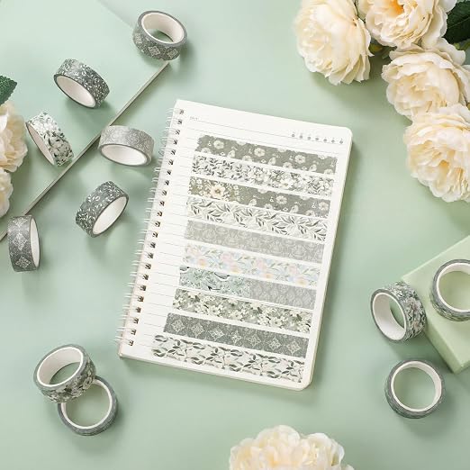 12 Rolls Watercolor Floral Washi Tape Set 15 mm Vintage Flower Decorative Masking Tape for Summer School Arts DIY Craft Scrapbook Journal Supplies Gifts(Sage Green,Greenery)